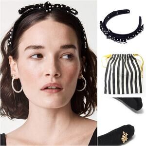 Lele Sadoughi Black Velvet Pearl Ribbon Gold Logo Headband NWT